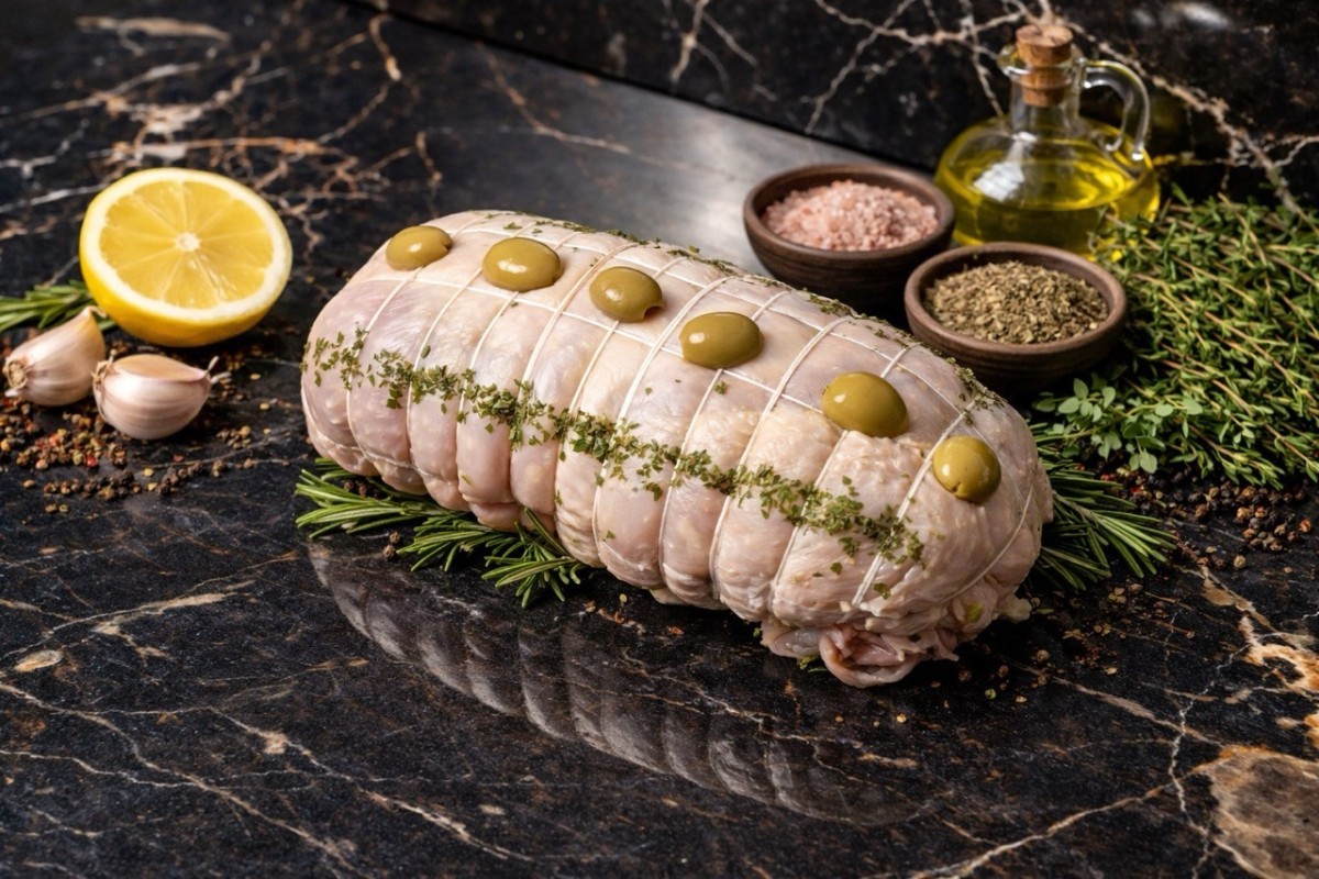 Rôti de poulet farci aux olives